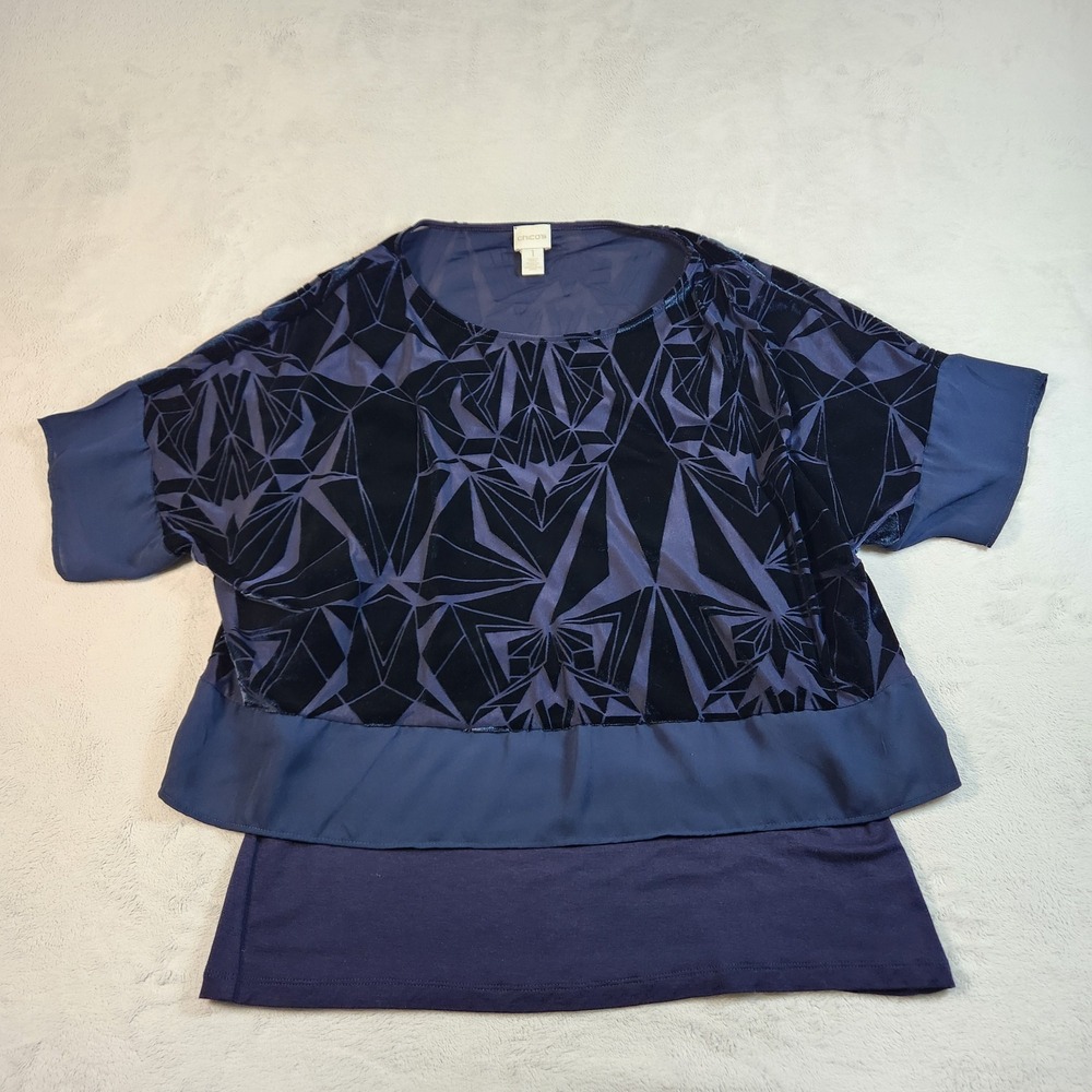 Chico's Poncho Top Women 1 Navy Blue Velvet Burnout Geometric Layered Tank Set